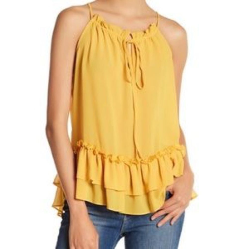 RO & DE - yellow sheer ruffle cami tank top